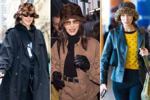 Fuzzy bucket hat on Bella Hadid 