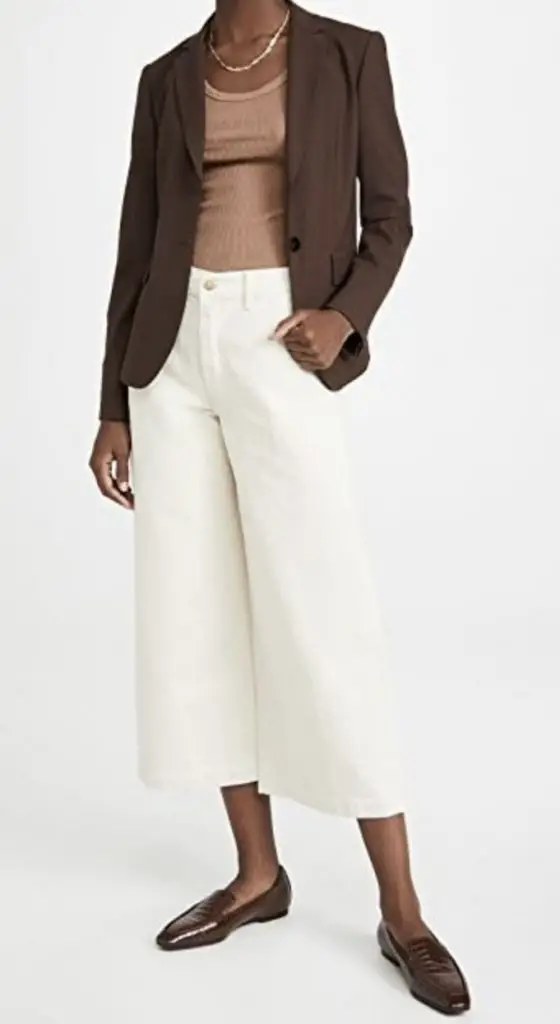 Business outfit, brown blazer jackets with a white gaucho pants