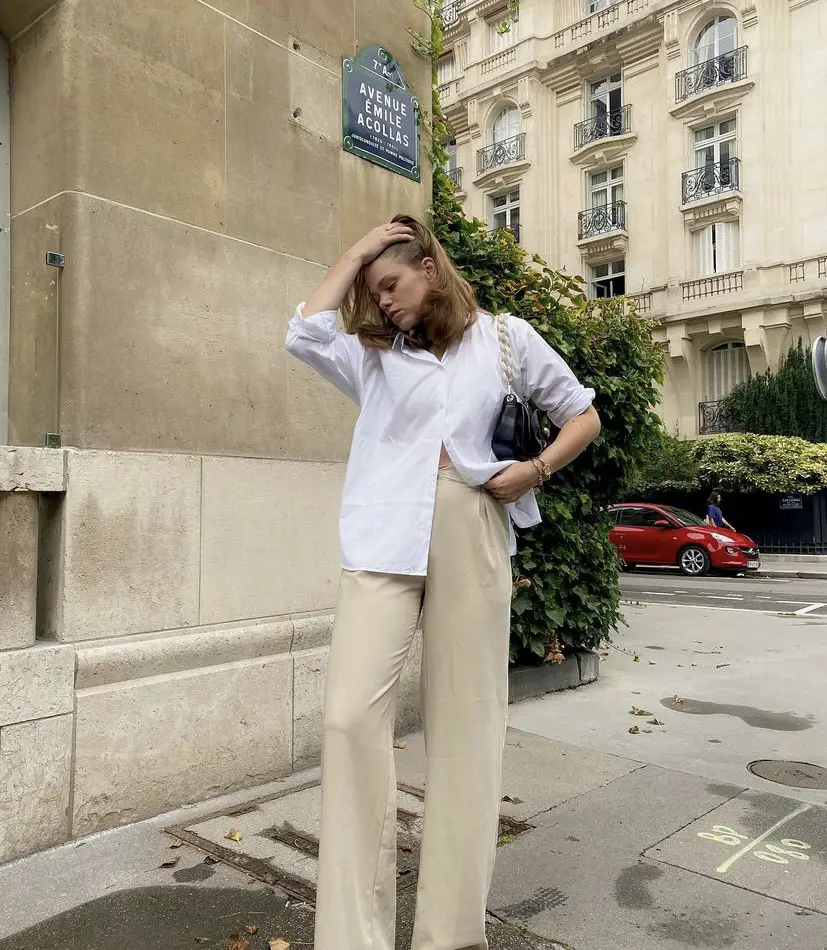 High rise wide leg trousers half tucked white shirt