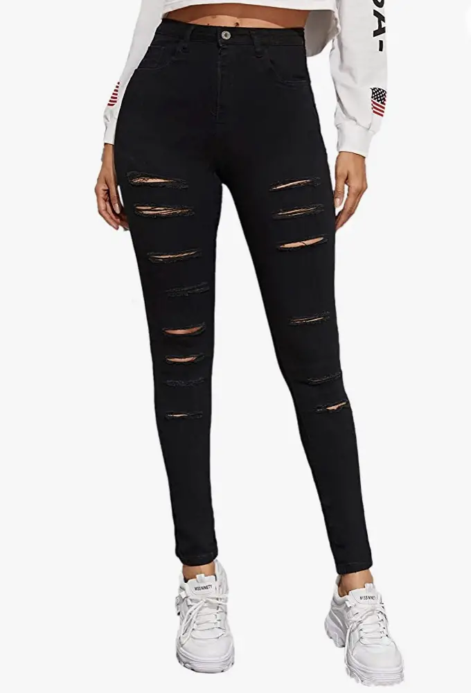 Distressed ripped denim black trousers 