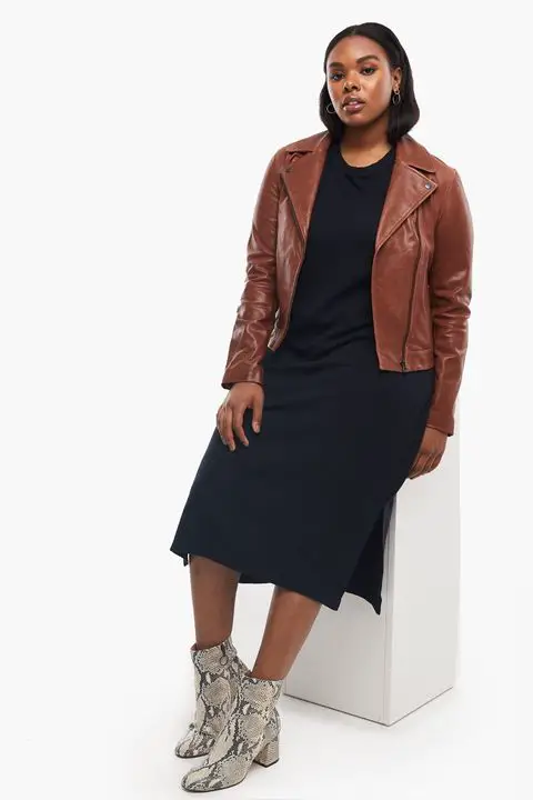 brown faux leather fall jackets with a dress