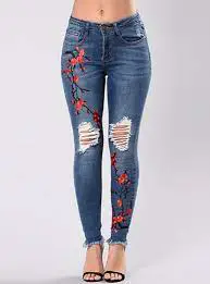 embroidered denim distressed jeans