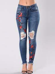 embroidered denim distressed jeans