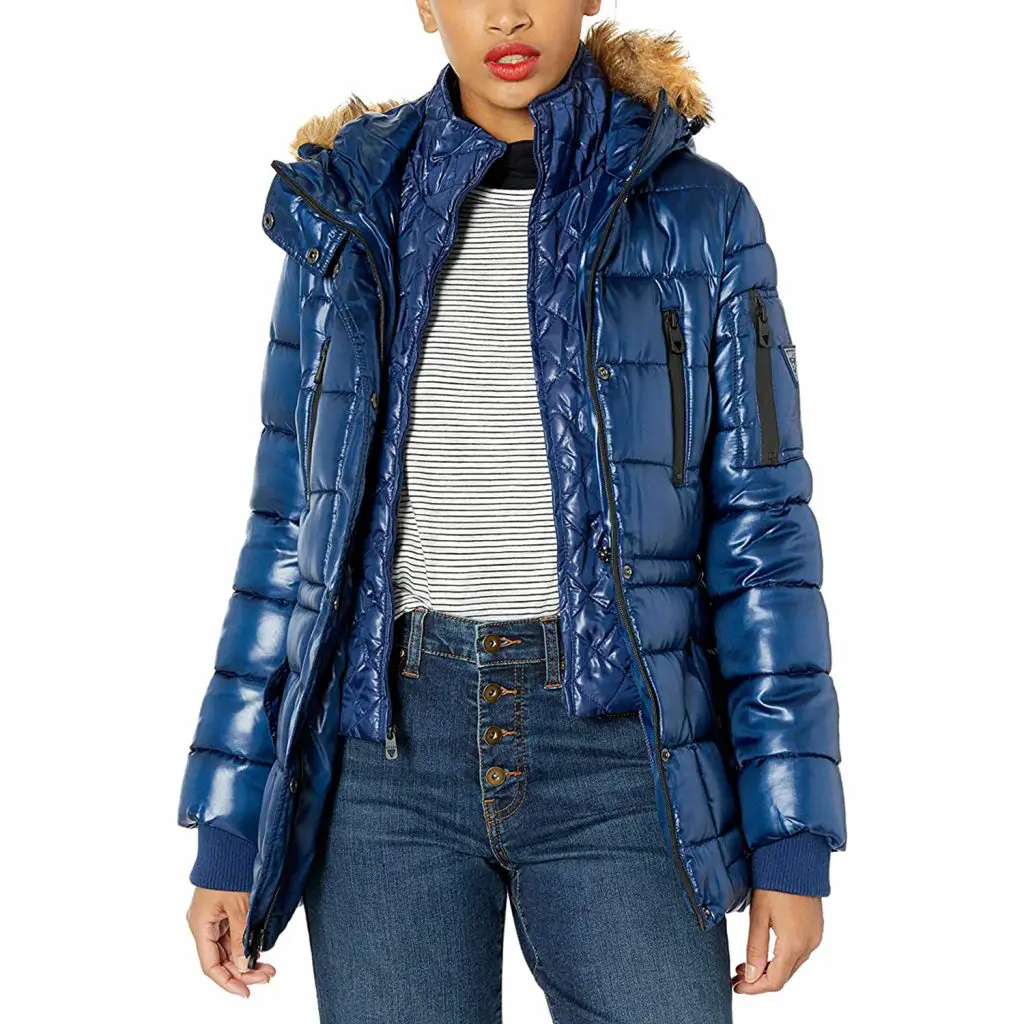 electric blue glossy puffer jacket from Guess