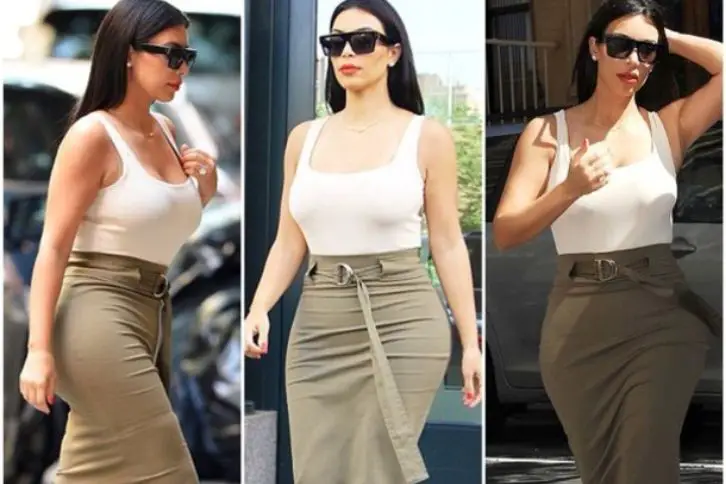 kim Kardashian with a green pencil skirt and a camisole