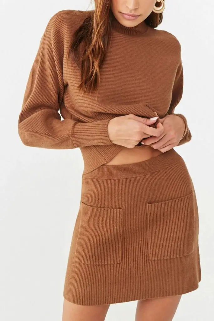 brown matching set of ribbed knits