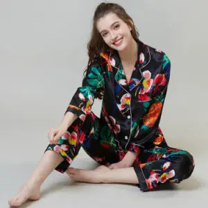 2-Piece-Long-Sleeve-Floral-Print-Silk-Pyjamas-Women-Sleepwear