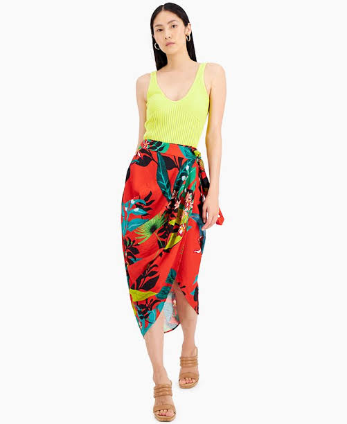 Red print sarong wrap skirt