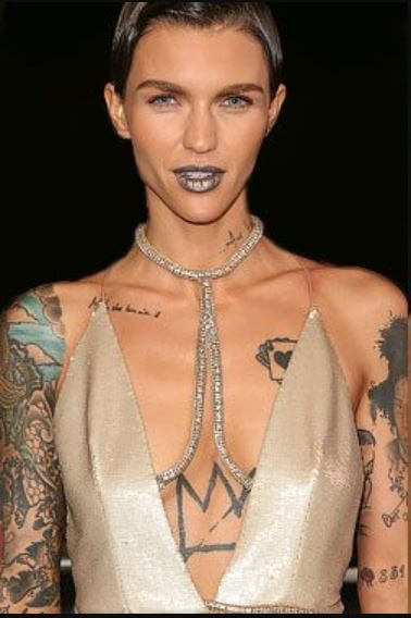 Ruby Rose crown tattoo on sternum