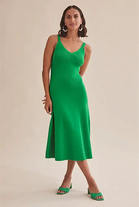 green ribbed knit gown with matching green mule