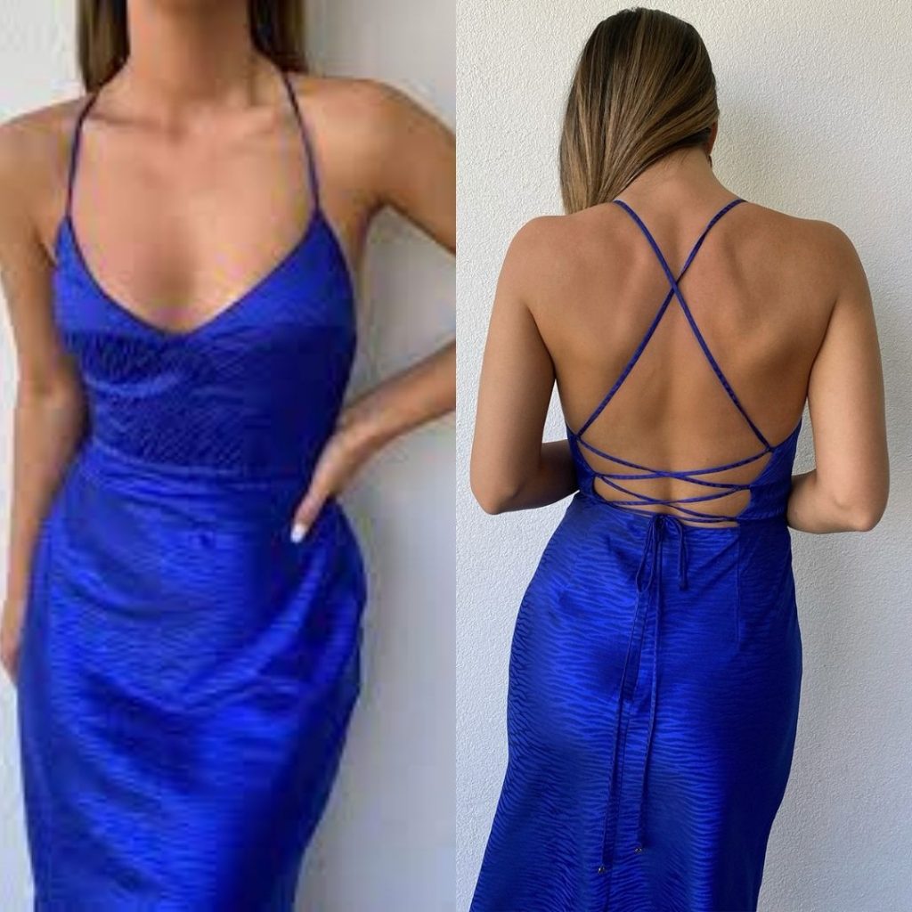 halter neck blue slip dress