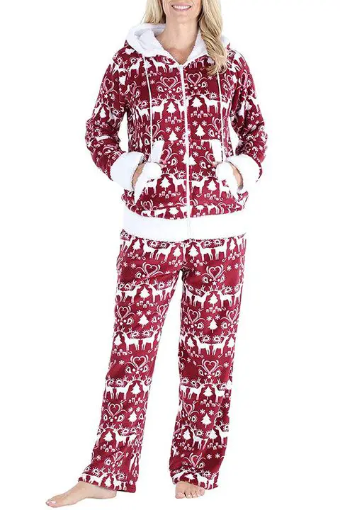 fleece hood 2-piece christmas print pajamas