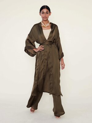 olive satin kimono by Ibtihaj Muhammad