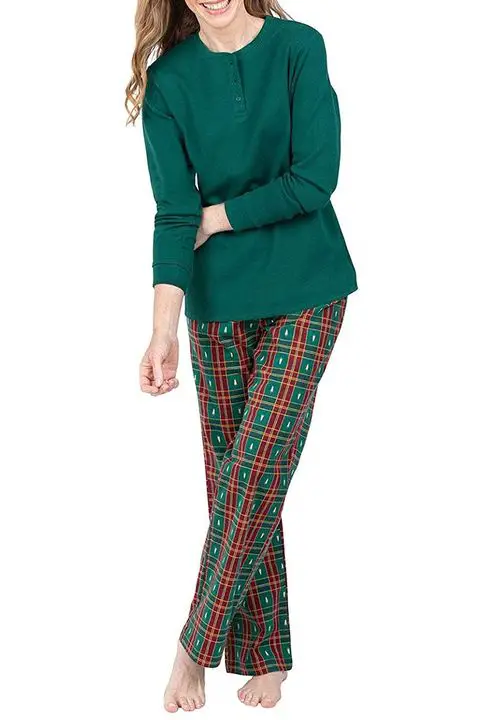 green shirt and plaid flannel tree print christmas pajamas women