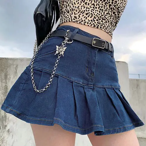 pleated denim skirt