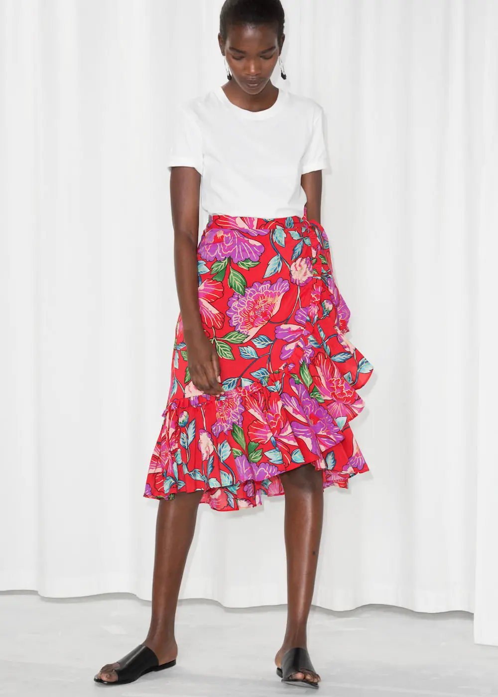 other stories floral ruffle midi skirt