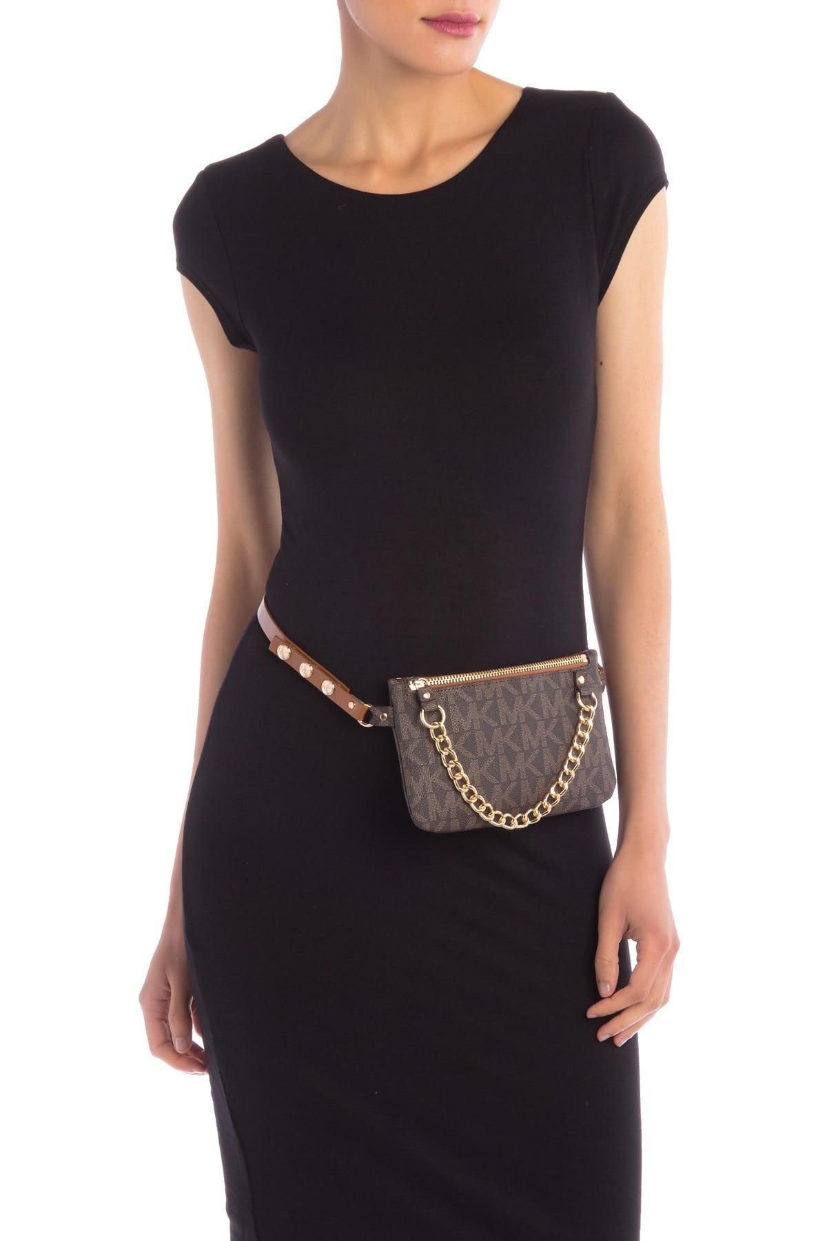 michael-kors fanny pack on a black body con dresss