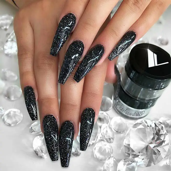 black nails with silver glitter